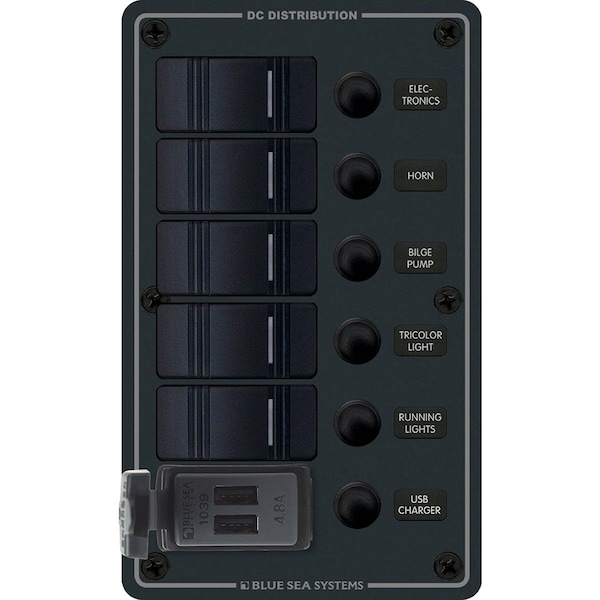 Blue Sea Systems Blue Sea - 5 Position Contura Switch Panel w/Dual USB Chargers - 12/24V DC - Black 8521 - main